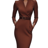 Alzira - Vestido elegante com cinto e gola mandarim