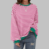 Lara - Sweatshirt casual às riscas de manga comprida e gola redonda
