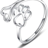 Anel Ajustável de Prata Esterlina em Forma de Coração com Impressão de Pata Feito à Mão