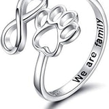 Anel Ajustável de Prata Esterlina em Forma de Coração com Impressão de Pata Feito à Mão