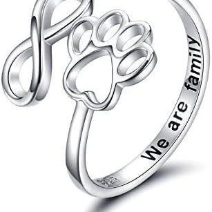 Anel Ajustável de Prata Esterlina em Forma de Coração com Impressão de Pata Feito à Mão