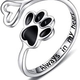 Anel Ajustável de Prata Esterlina em Forma de Coração com Impressão de Pata Feito à Mão
