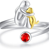 Anel Ajustável de Cão com Figura de Menina em Prata