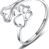 Anel Ajustável de Prata Esterlina em Forma de Coração com Impressão de Pata Feito à Mão