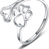 Anel Ajustável de Prata Esterlina em Forma de Coração com Impressão de Pata Feito à Mão