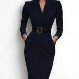 Alzira - Vestido elegante com cinto e gola mandarim