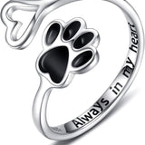 Anel Ajustável de Prata Esterlina em Forma de Coração com Impressão de Pata Feito à Mão