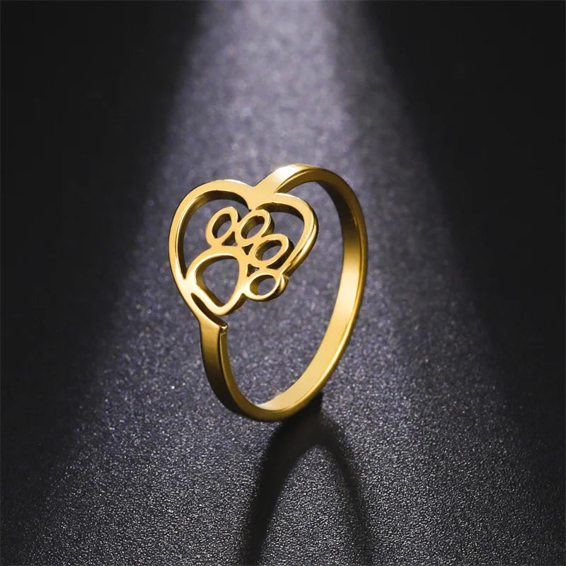 Anel em Forma de Pata de Coração Feito de Aço Inoxidável para Amantes de Animais