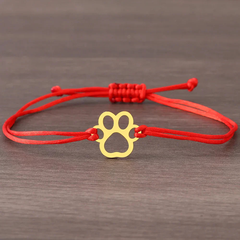 Pulseira Ajustável com Patinha em Cordão Preto e Vermelho