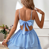 Alice - Mini vestido sem costas com alças com laço e saia em camadas